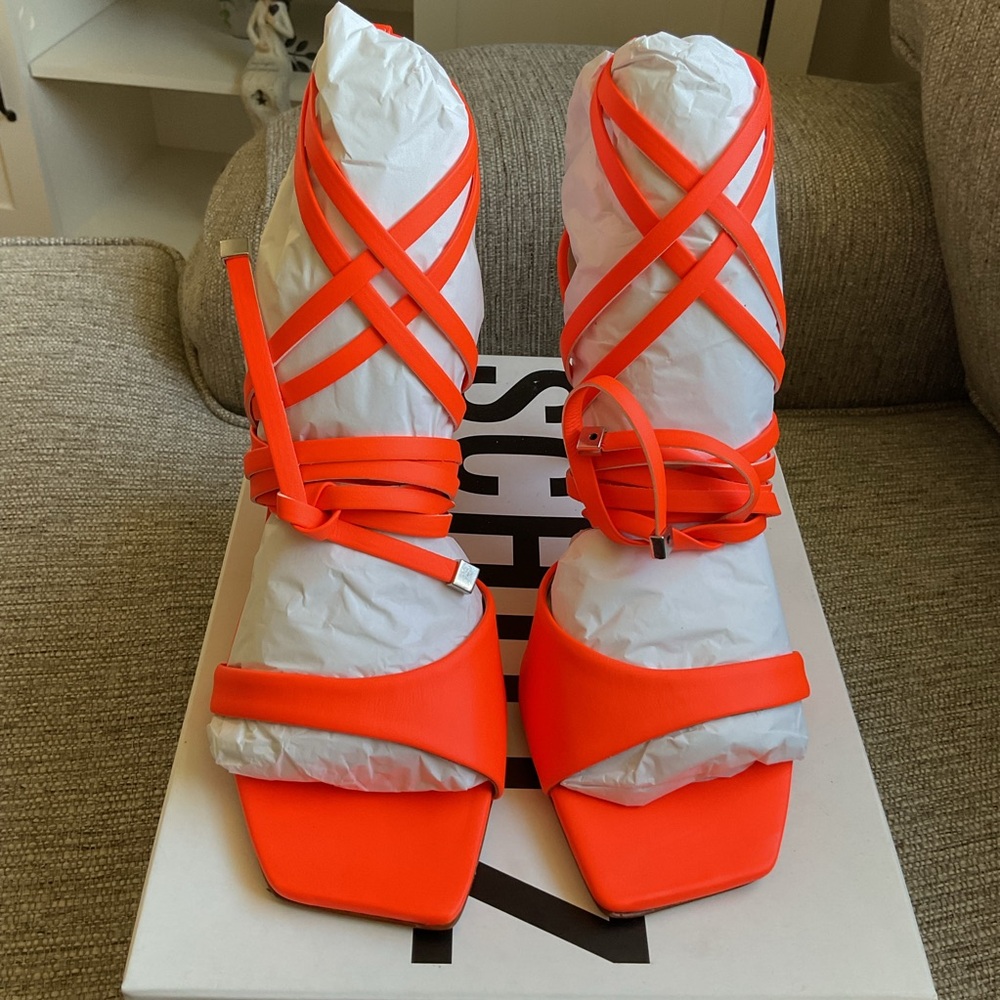 SCHUTZ Neon Orange Strappy Stiletto Sandals